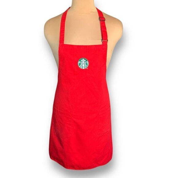 Starbucks Christmas Red Barista Full Apron Green Embroidered Logo Tie Back - Picture 1 of 15